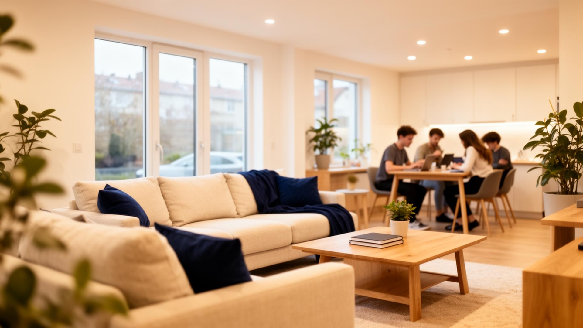 Estudiantes y jóvenes profesionales compartiendo en la zona común del coliving